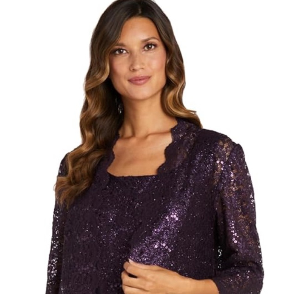Brand New - R&M Richards Scalloped Lace 3-Piece Duster - Plum - Size 12
